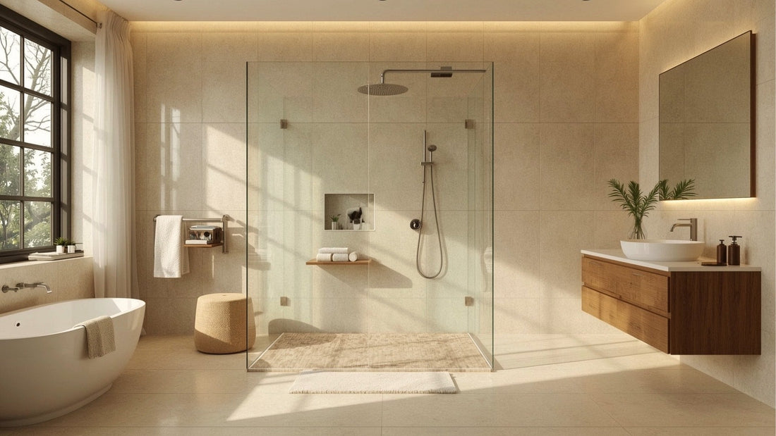 moderná kúpeľňa s walk-in sprchovou zástenou bez rámu