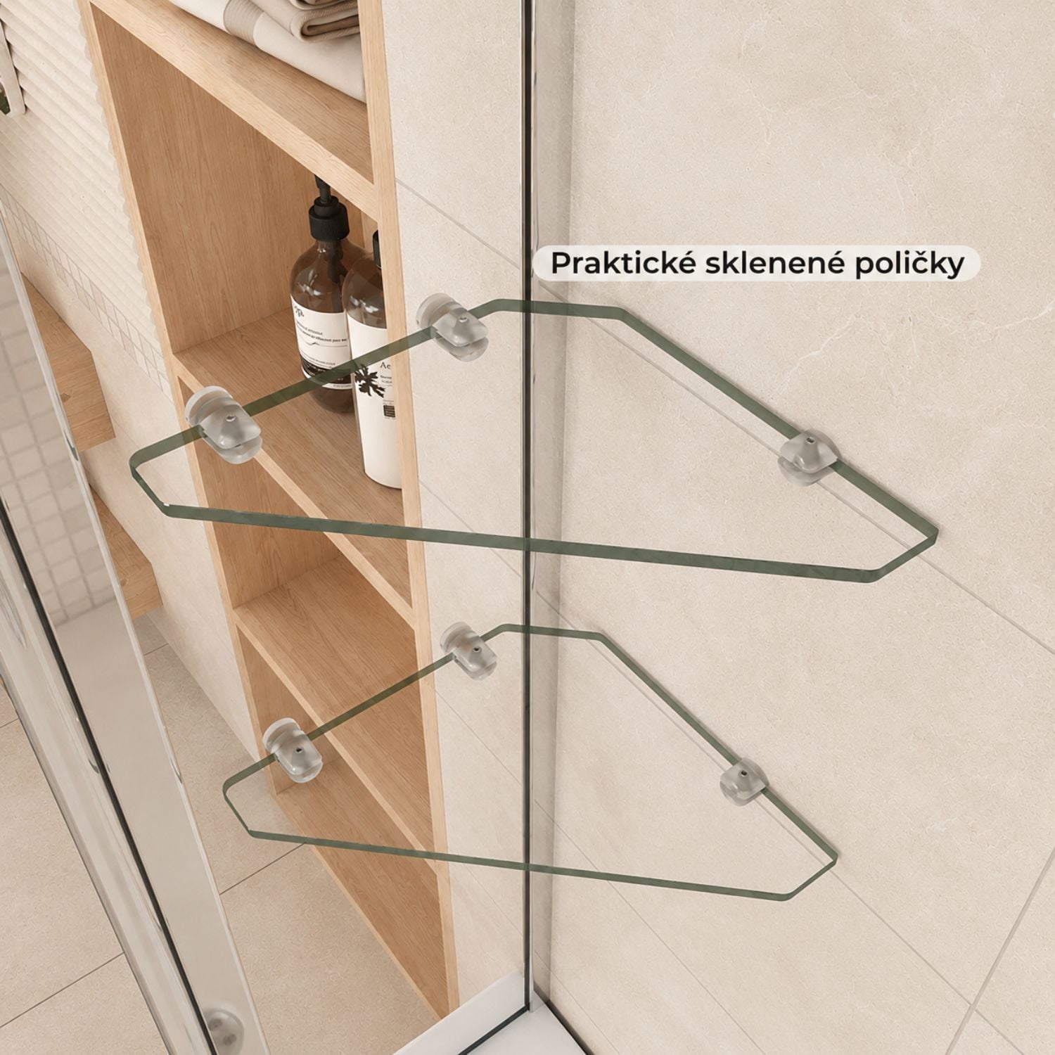 Praktické sklenené poličky vaňovej zásteny