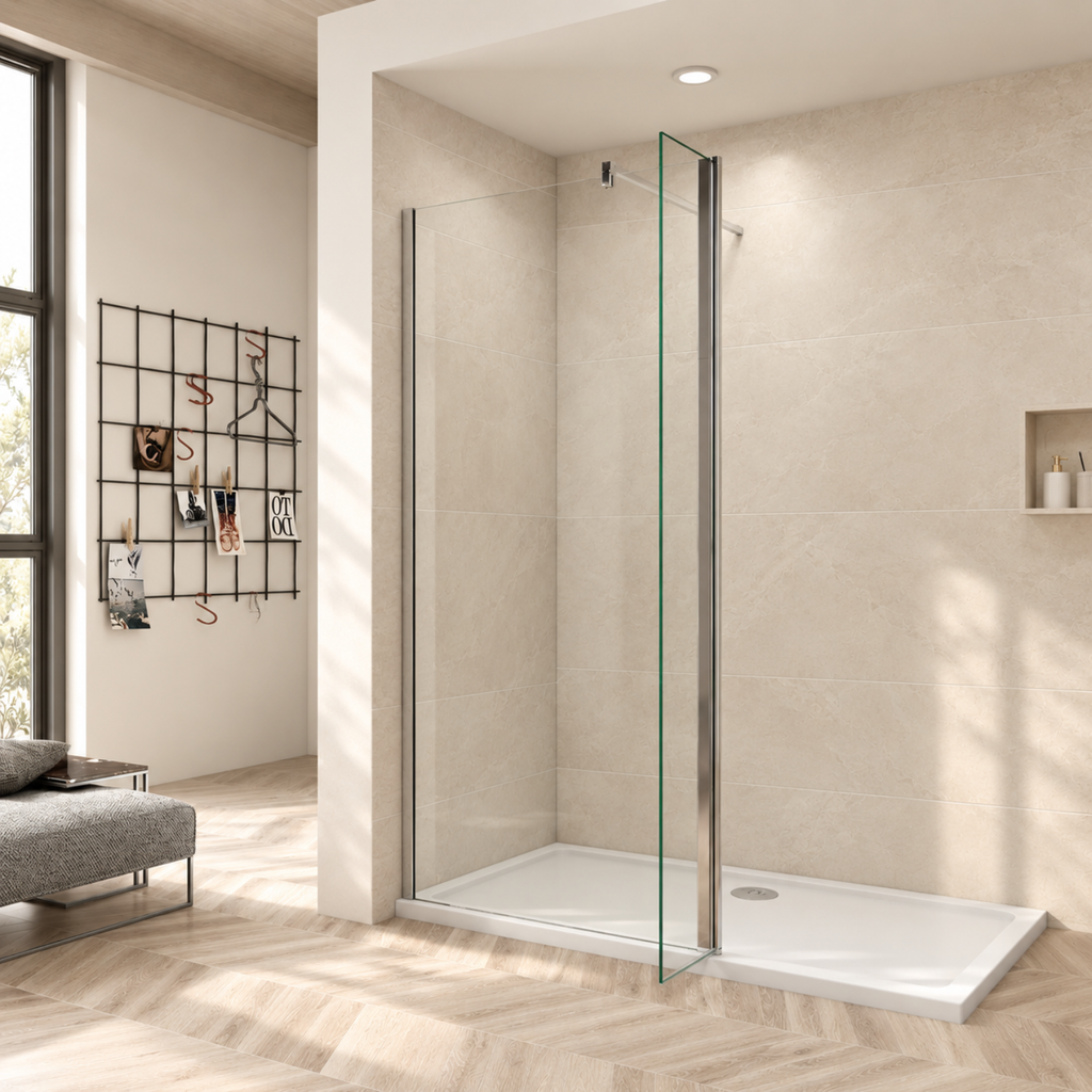 Otočný bočný panel Walk-In v otvorenej polohe, 6 mm číre sklo a chrómový profil NAKU
