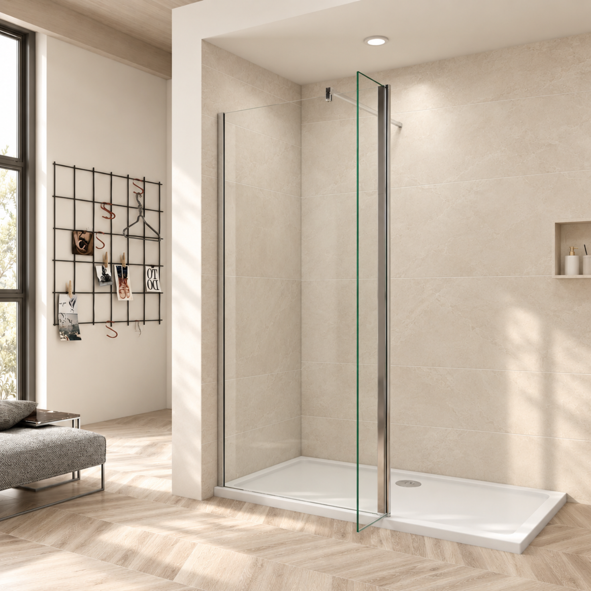 Otočný bočný panel Walk-In v otvorenej polohe, 6 mm číre sklo a chrómový profil NAKU