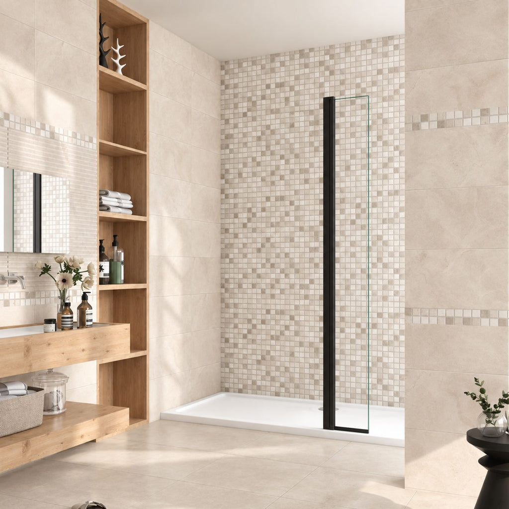 Otočný bočný panel Walk-In NAKU Flipper, 6 mm číre ESG sklo a čierny profil v kúpeľni