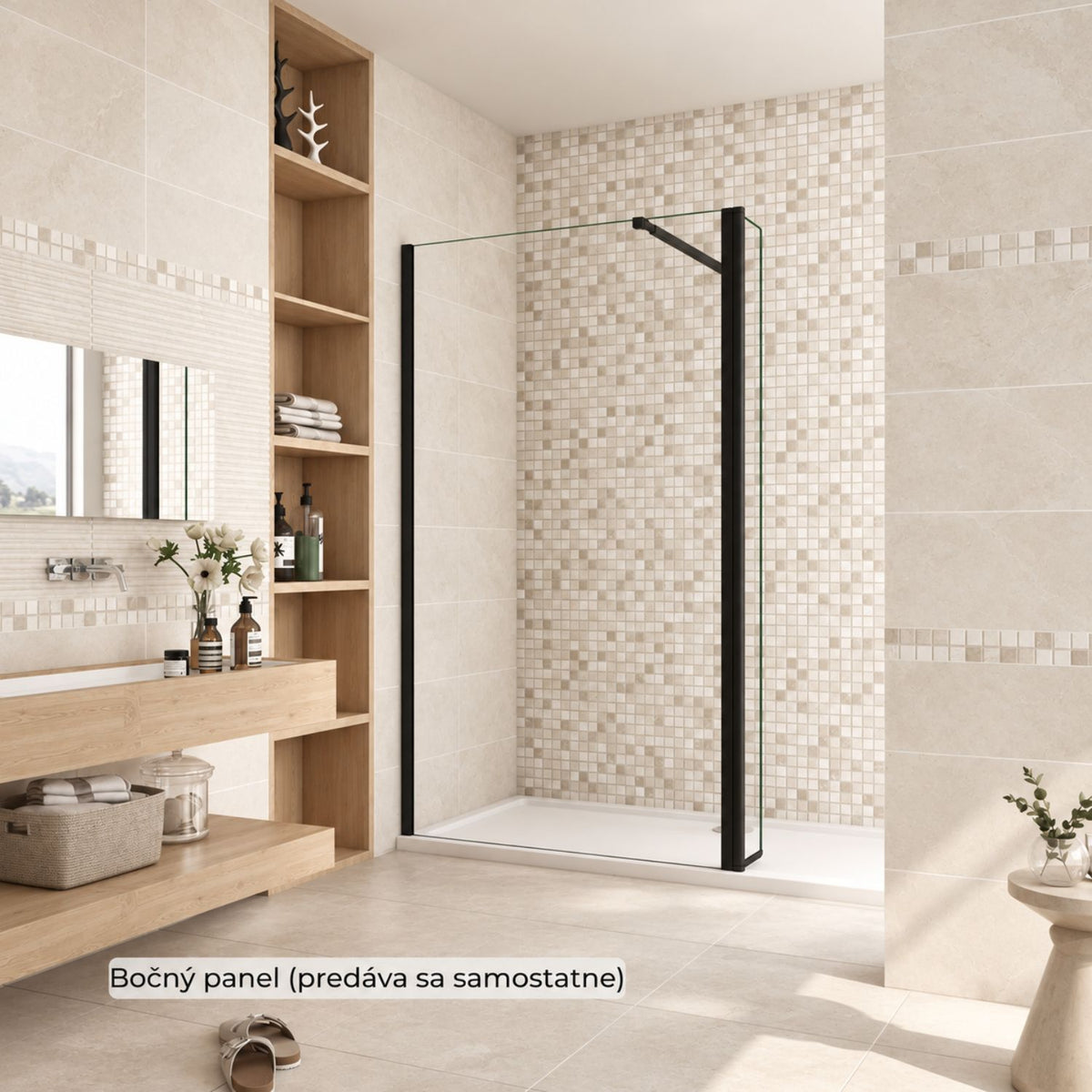 Otočný bočný panel NAKU Flipper v otvorenej polohe smerom dnu, 6 mm ESG sklo, čierny profil