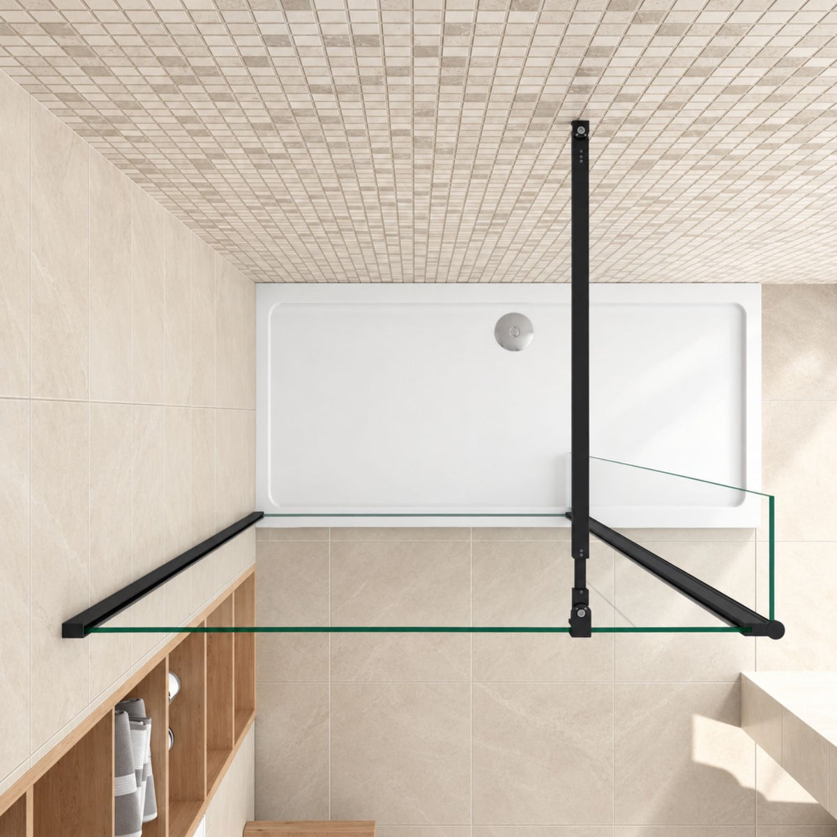 Pôdorysný pohľad na otočný bočný panel NAKU Flipper k Walk-In zástene, 6 mm číre ESG sklo, čierne prevedenie