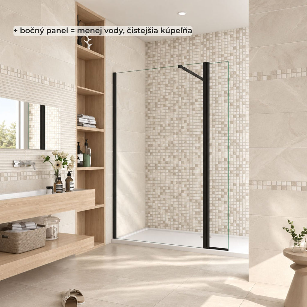 Otočný bočný panel NAKU Flipper k Walk-In zástene, 6 mm číre ESG sklo, čierny profil