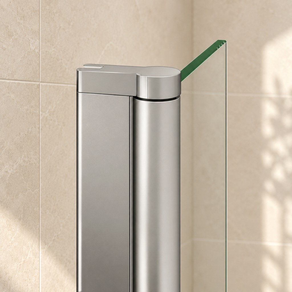Detail horného otočného pántu a chrómového profilu bočného panelu Walk-In NAKU