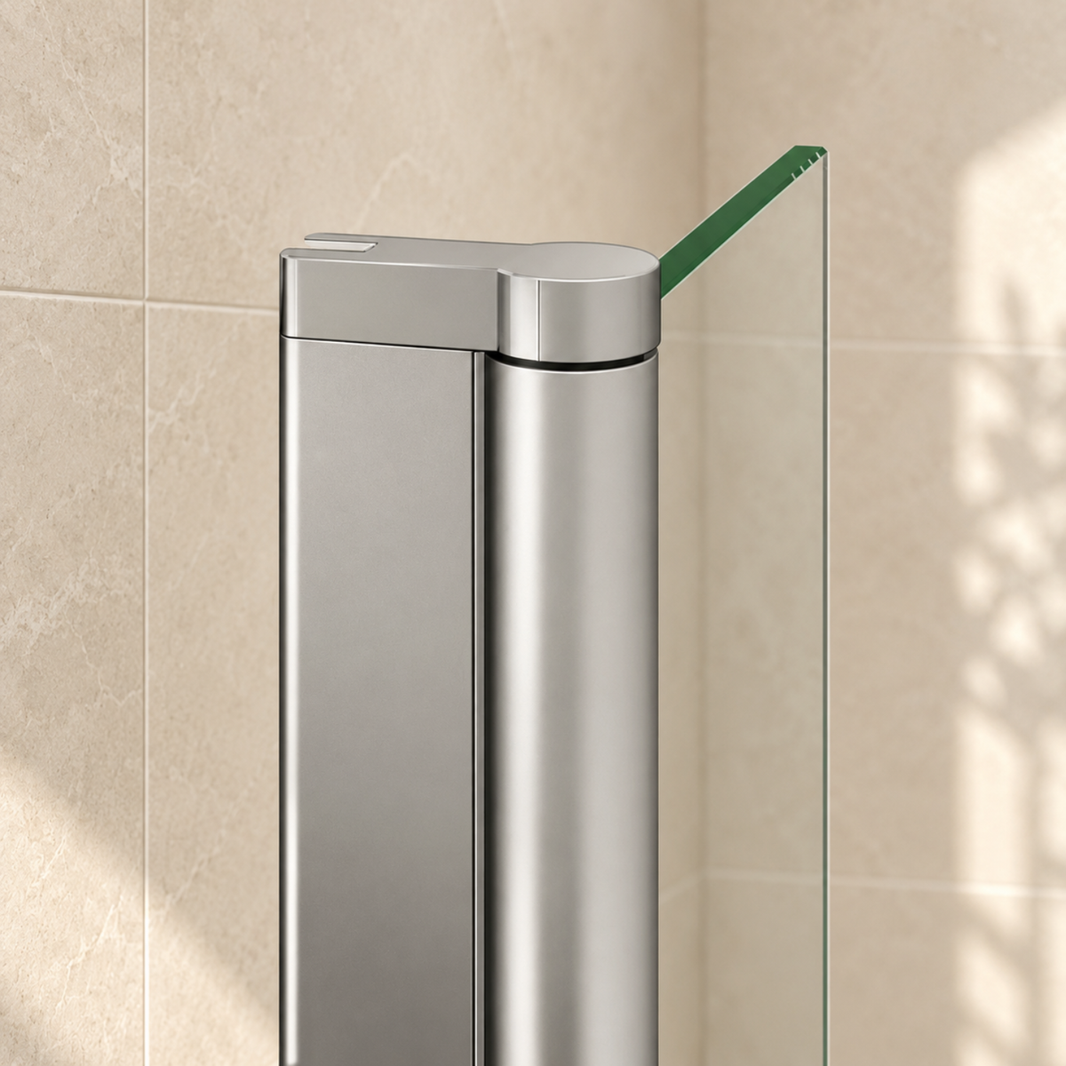 Detail horného otočného pántu a chrómového profilu bočného panelu Walk-In NAKU