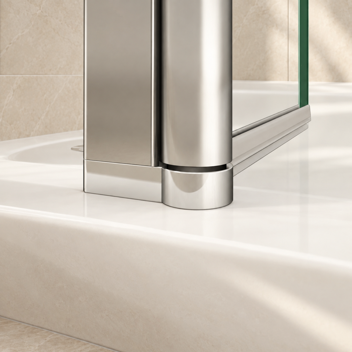 Detail spodného otočného pántu a chrómového profilu bočného panelu Walk-In NAKU