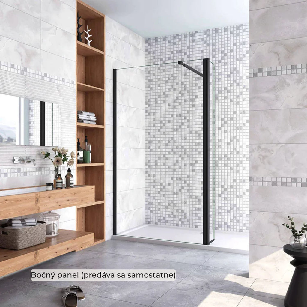Bočný panel k walk-in sprche 6 mm čierny v modernej kúpeľni – detail riešenia proti striekajúcej vode