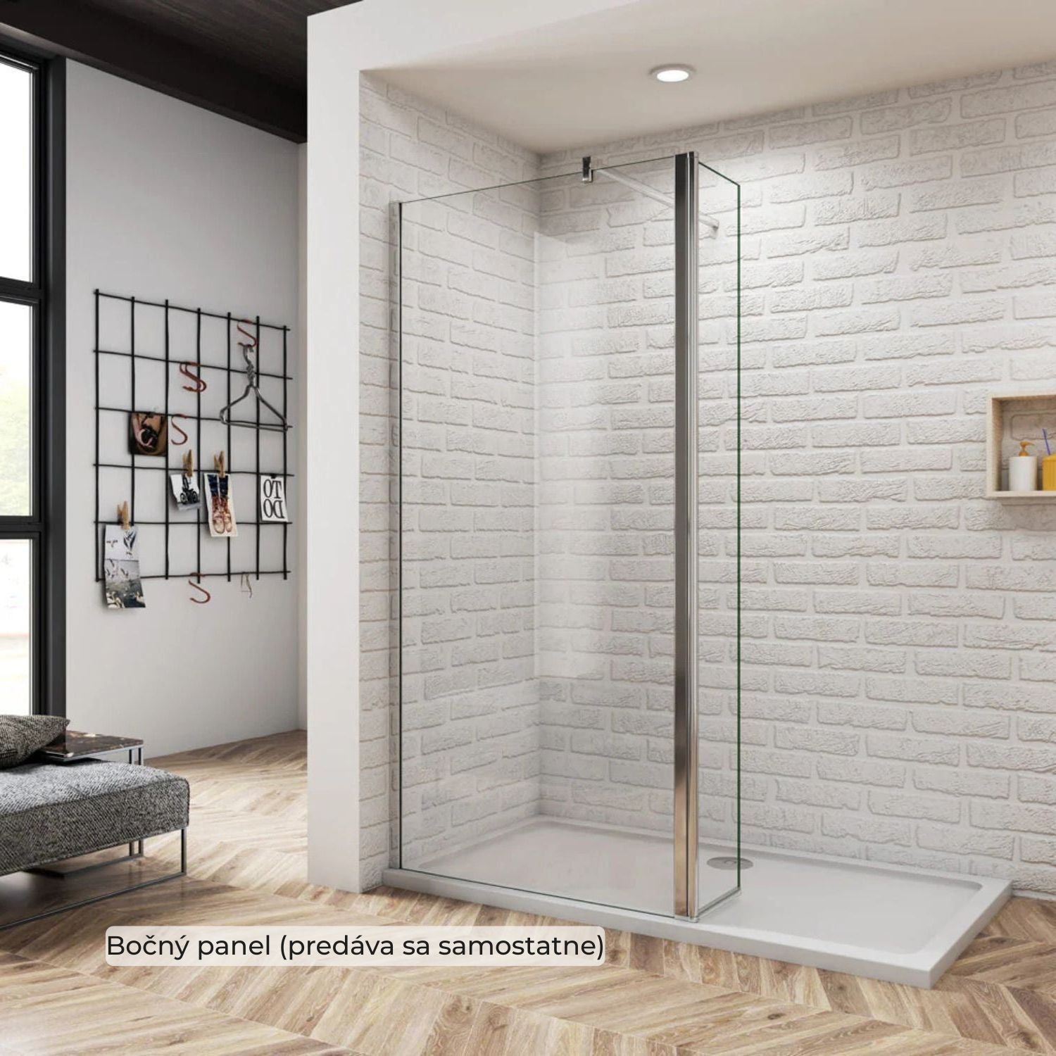 Bočný panel k walk-in sprche 8 mm chróm – detail bezpečnostného skla