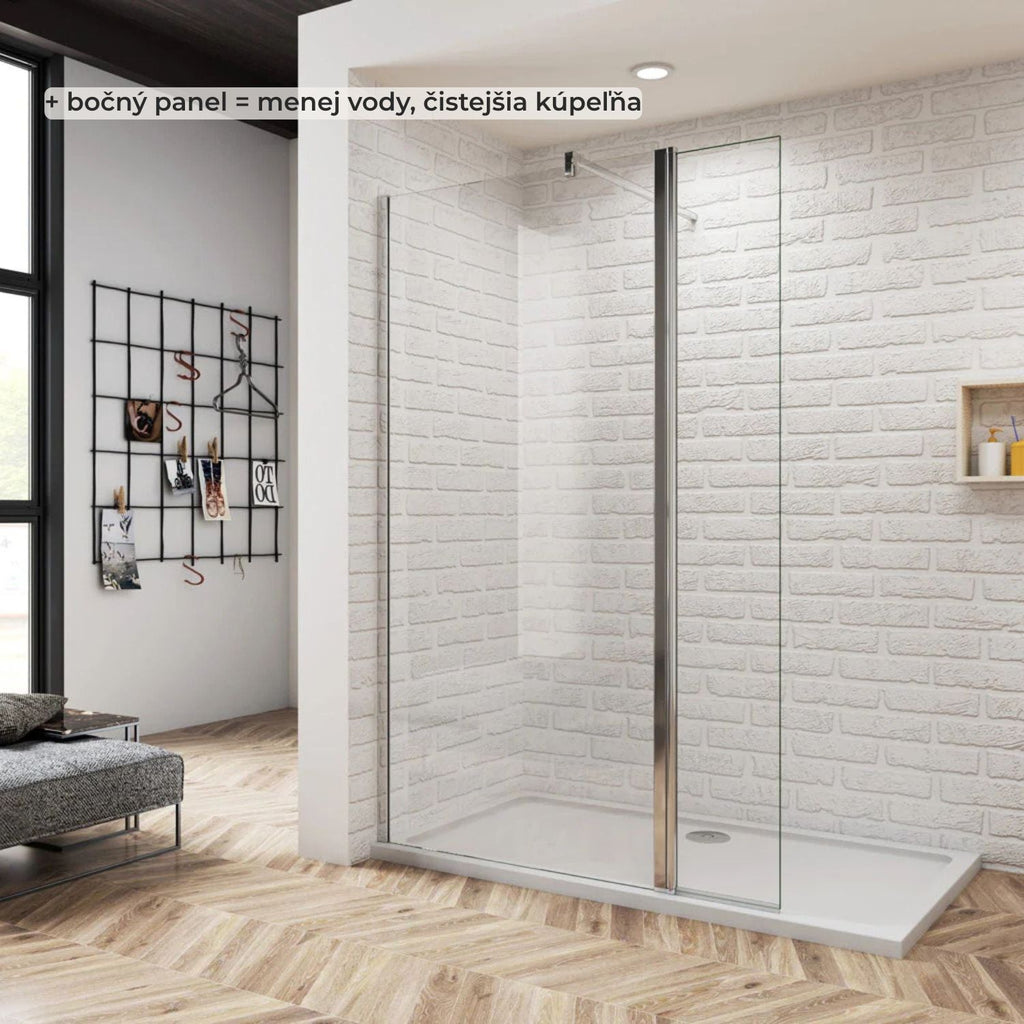 Bočný panel k walk-in sprche 8 mm chróm – kompletný set v kúpeľni