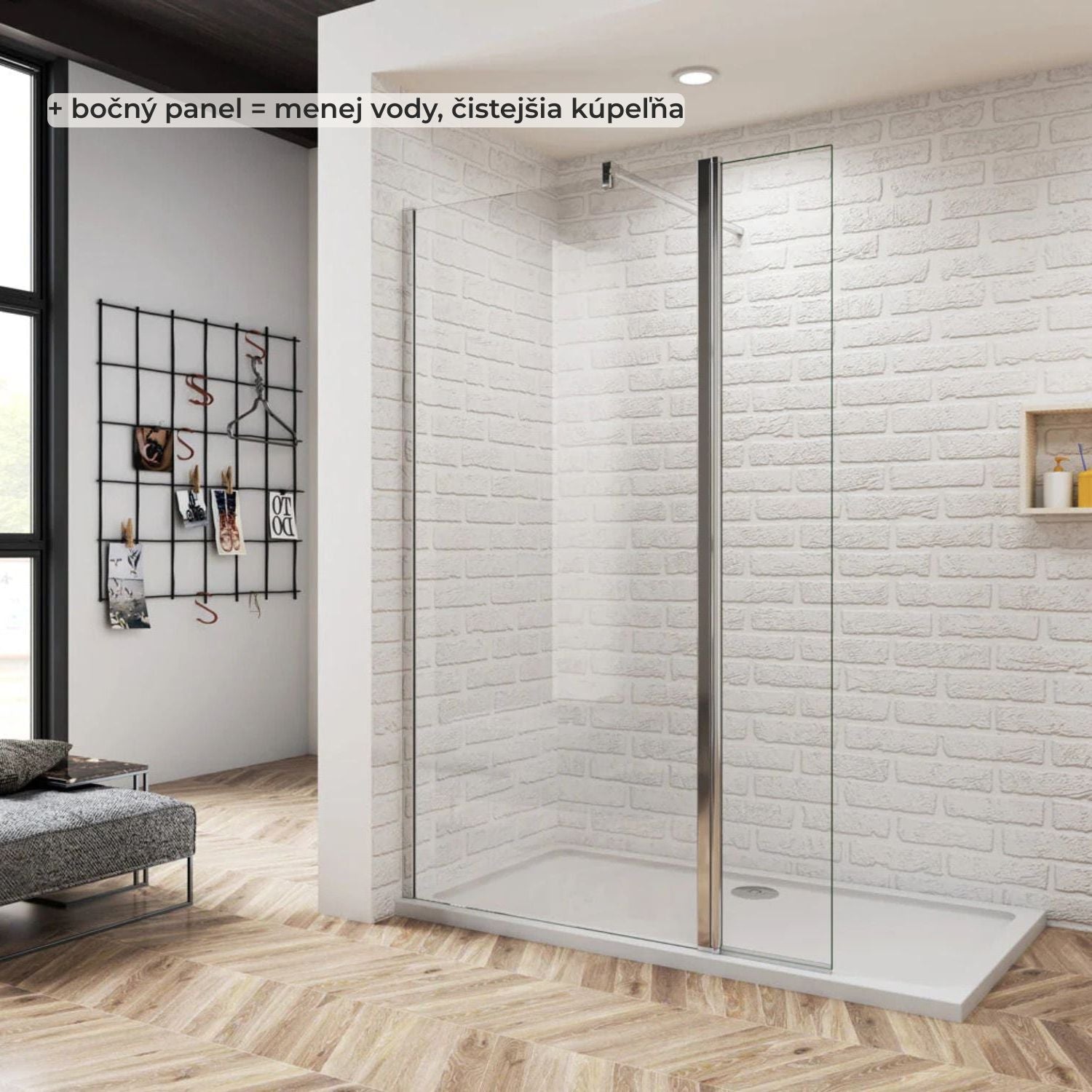 Bočný panel k walk-in sprche 8 mm chróm – kompletný set v kúpeľni