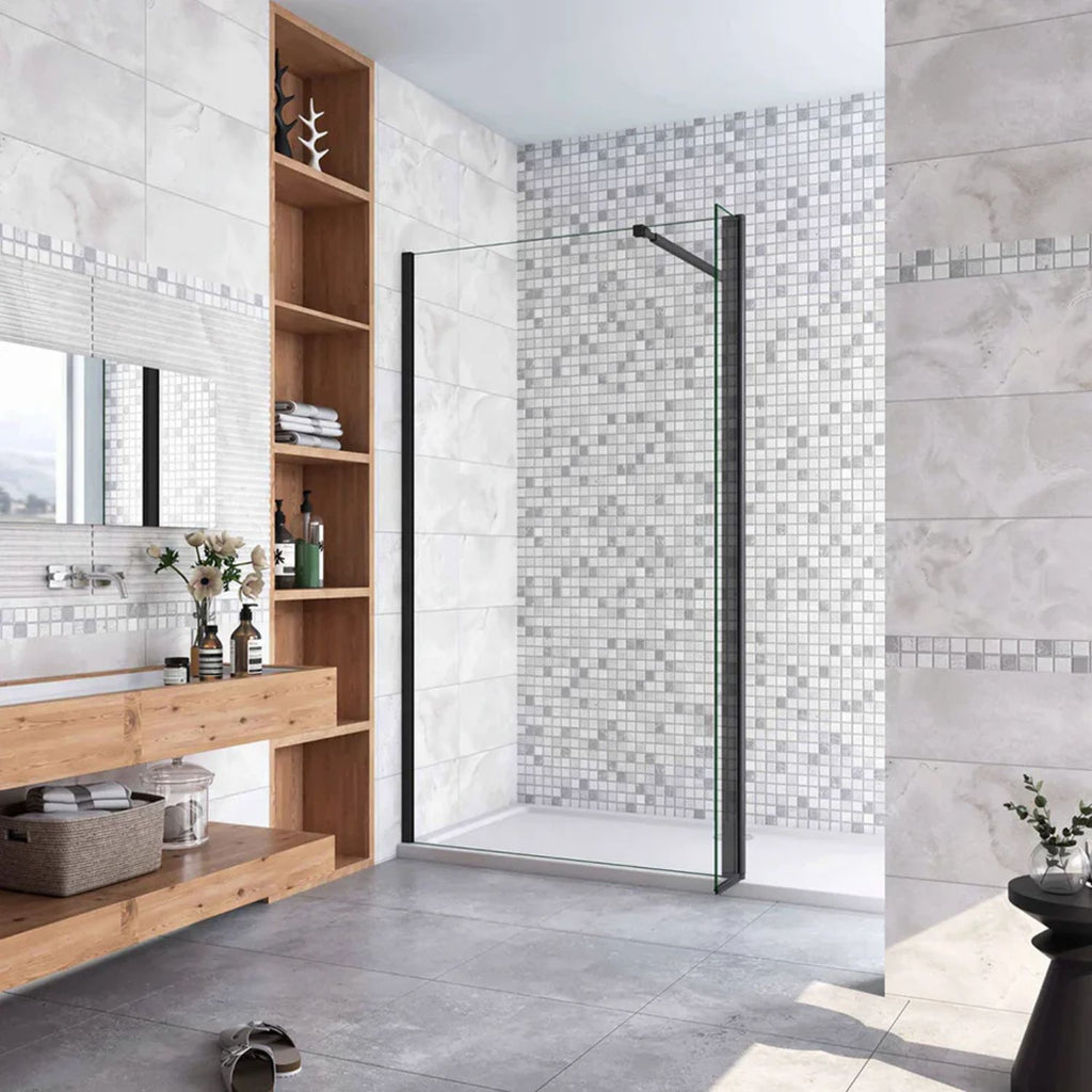 Bočný panel k walk-in sprche 8 mm čierny – kompletný set v kúpeľni