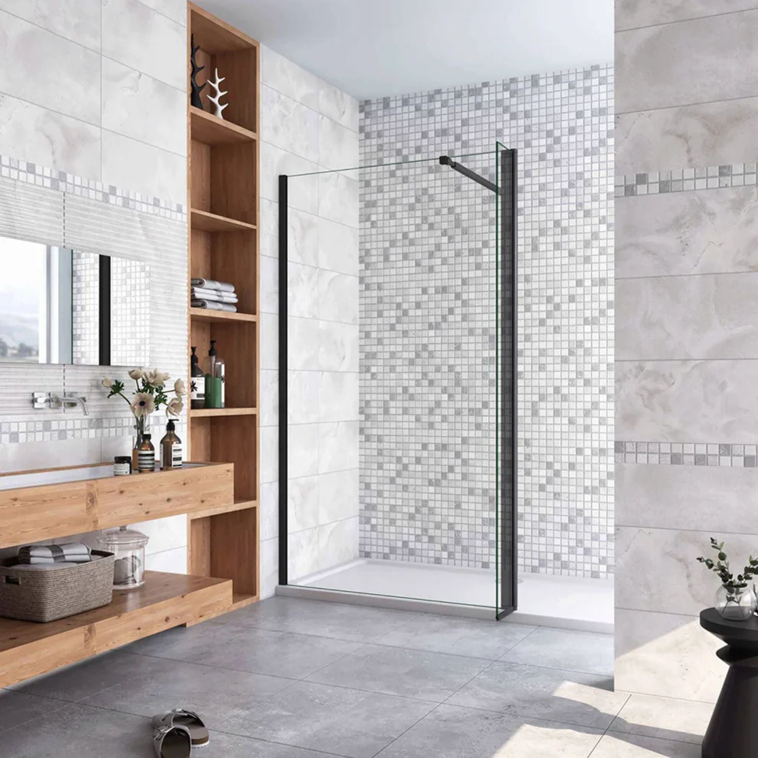 Bočný panel k walk-in sprche 8 mm čierny – kompletný set v kúpeľni