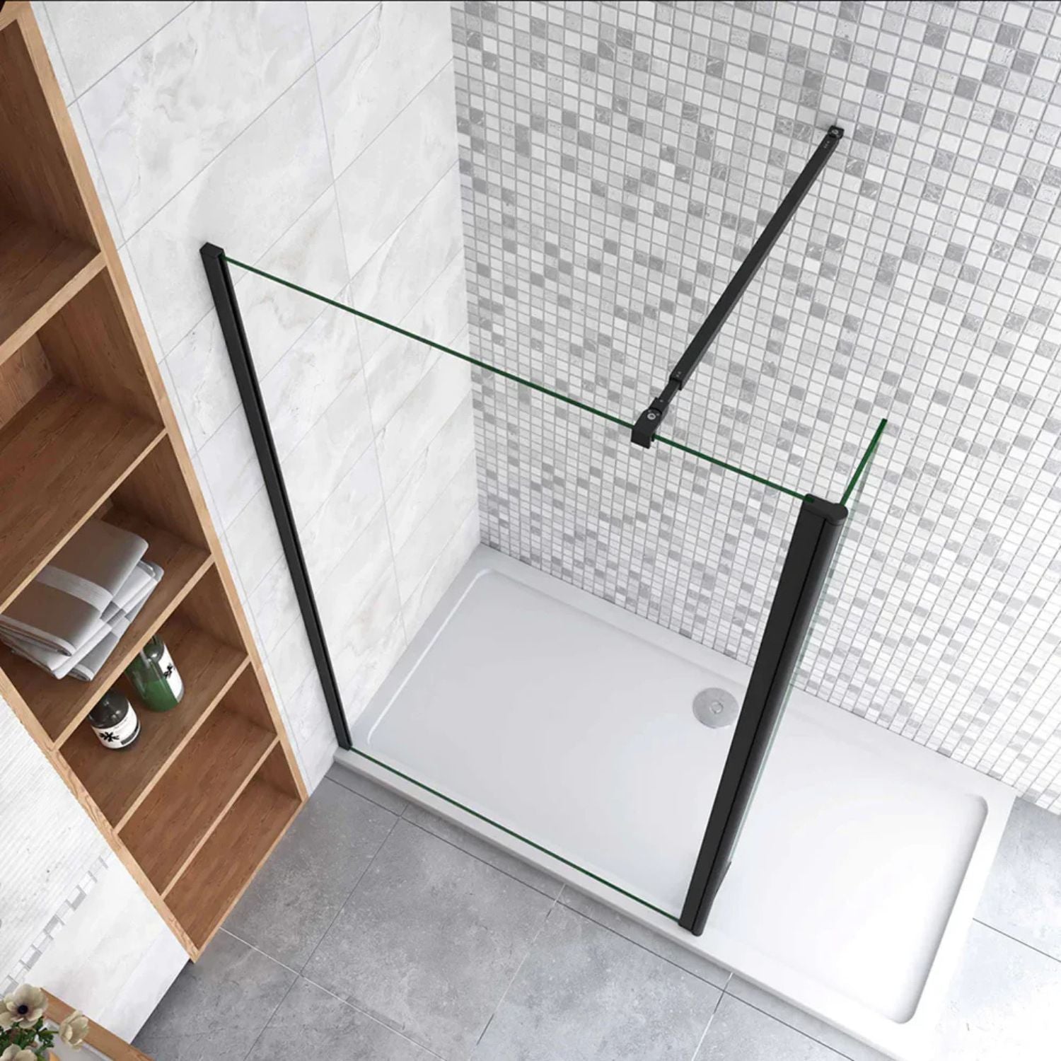 Bočný panel k walk-in sprche 8 mm čierny – pohľad zhora a rozloženie