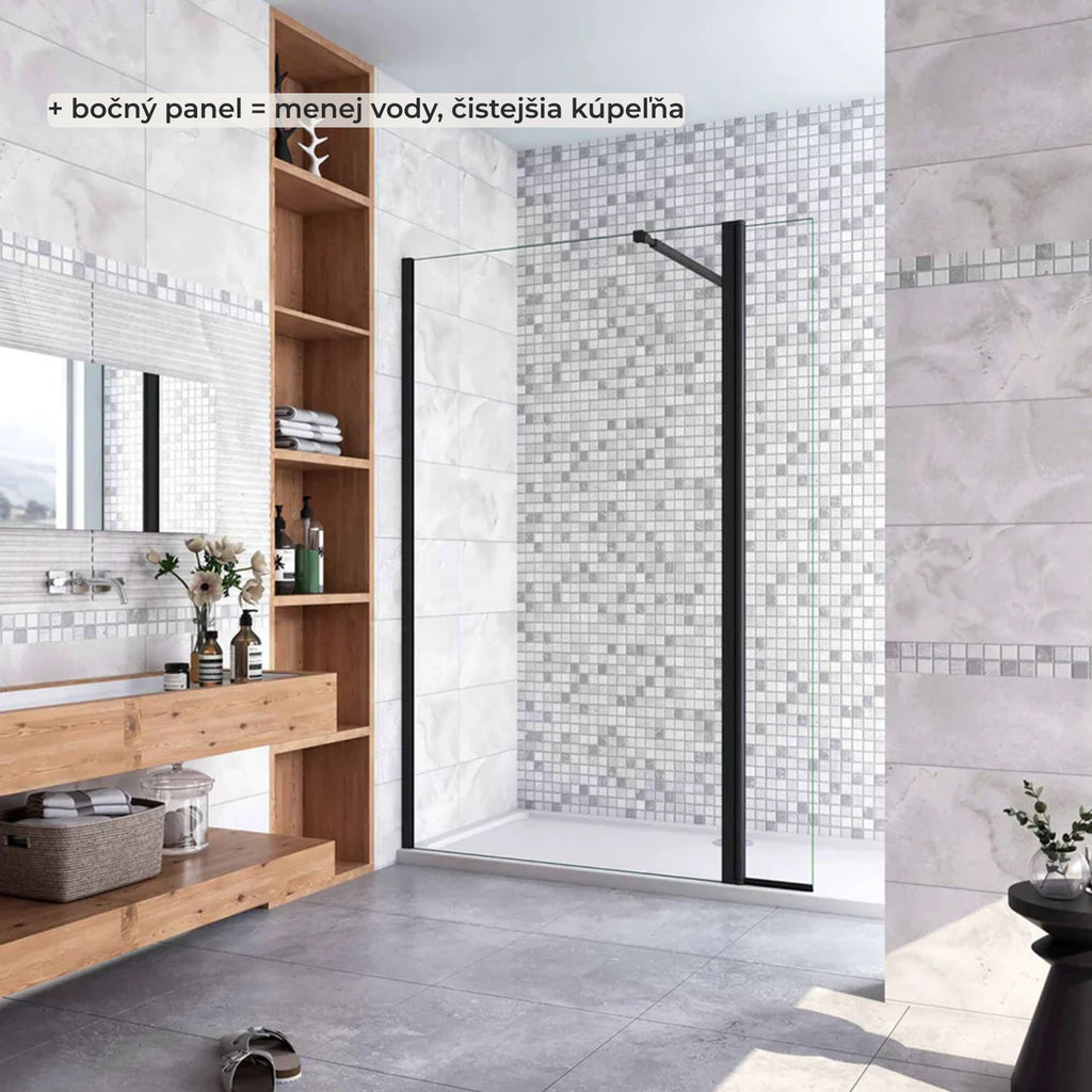 Bočný panel k walk-in sprche 8 mm čierny – kompletný set v kúpeľni