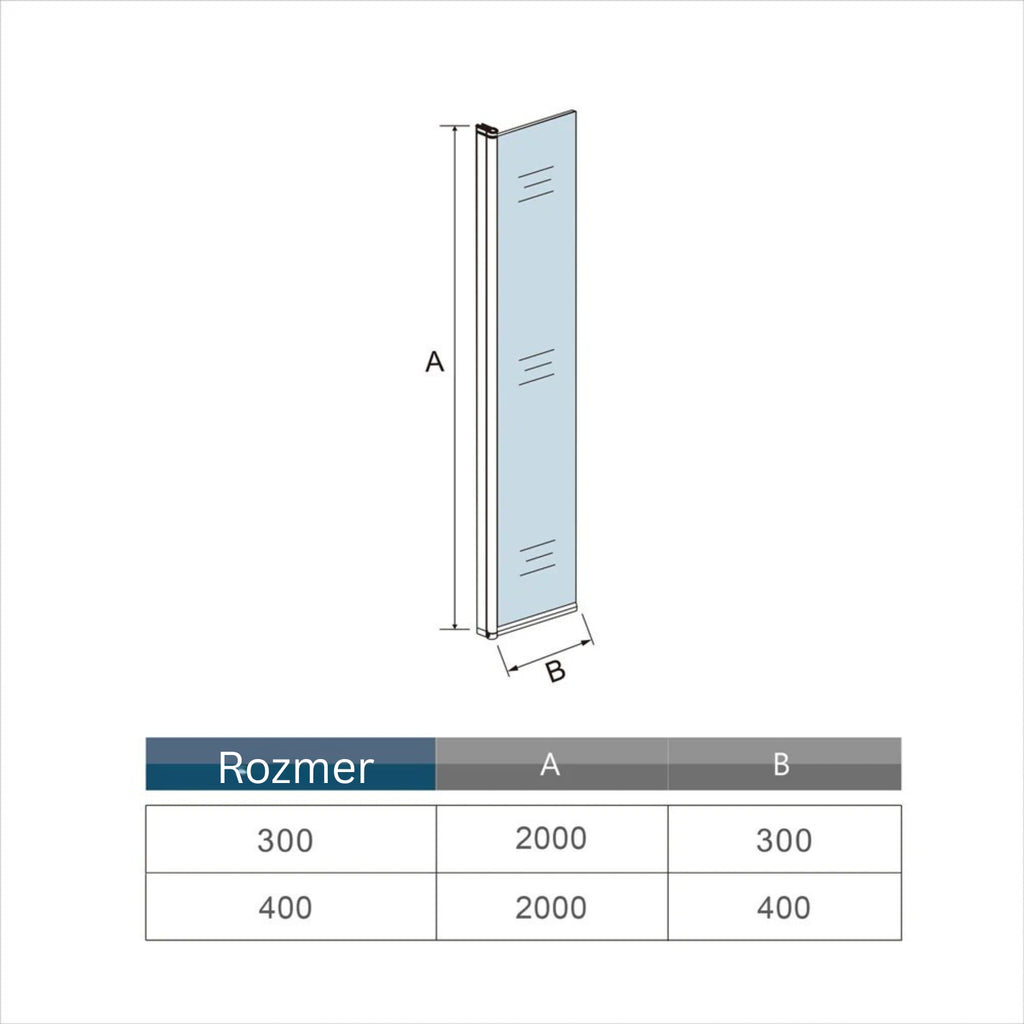 Technický nákres bočného panelu walk-in sprchy rozmery 30 a 40 cm výška 200 cm