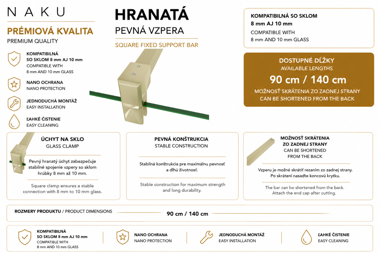 NAKU hranatá pevná vzpera brushed brass pre walk-in sprchovú zástenu, kompatibilná so sklom 8 mm a 10 mm, dostupná dĺžka 90 cm a 140 cm.