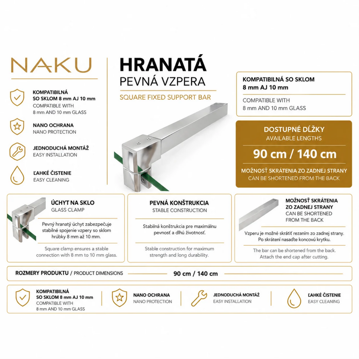 NAKU hranatá pevná vzpera chróm – 90 a 140 cm pre Walk-In sklo 8 a 10 mm