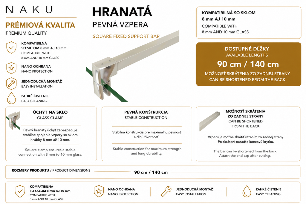 NAKU hranatá pevná vzpera chróm pre walk-in sprchovú zástenu, kompatibilná so sklom 8 mm a 10 mm, dostupná dĺžka 90 cm a 140 cm.