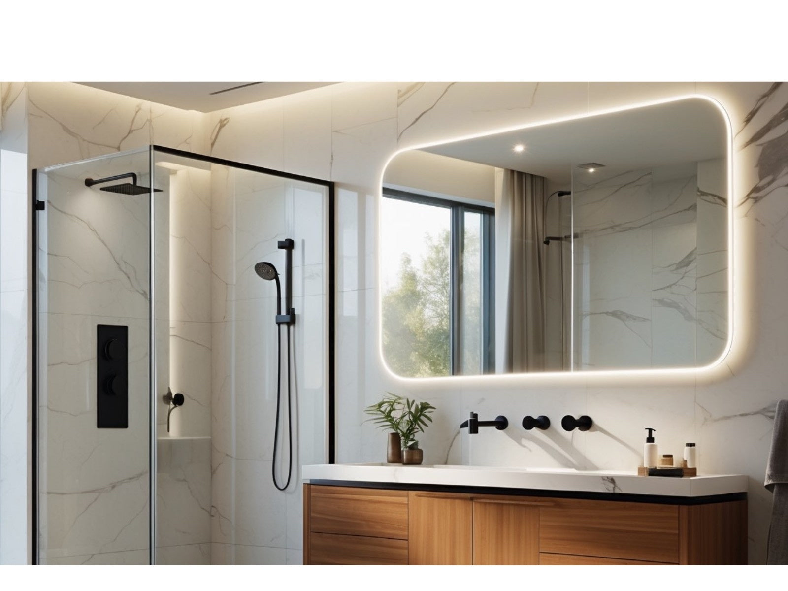 Moderná kúpeľňa so sprchovým kútom s čiernym profilom a LED zrkadlom