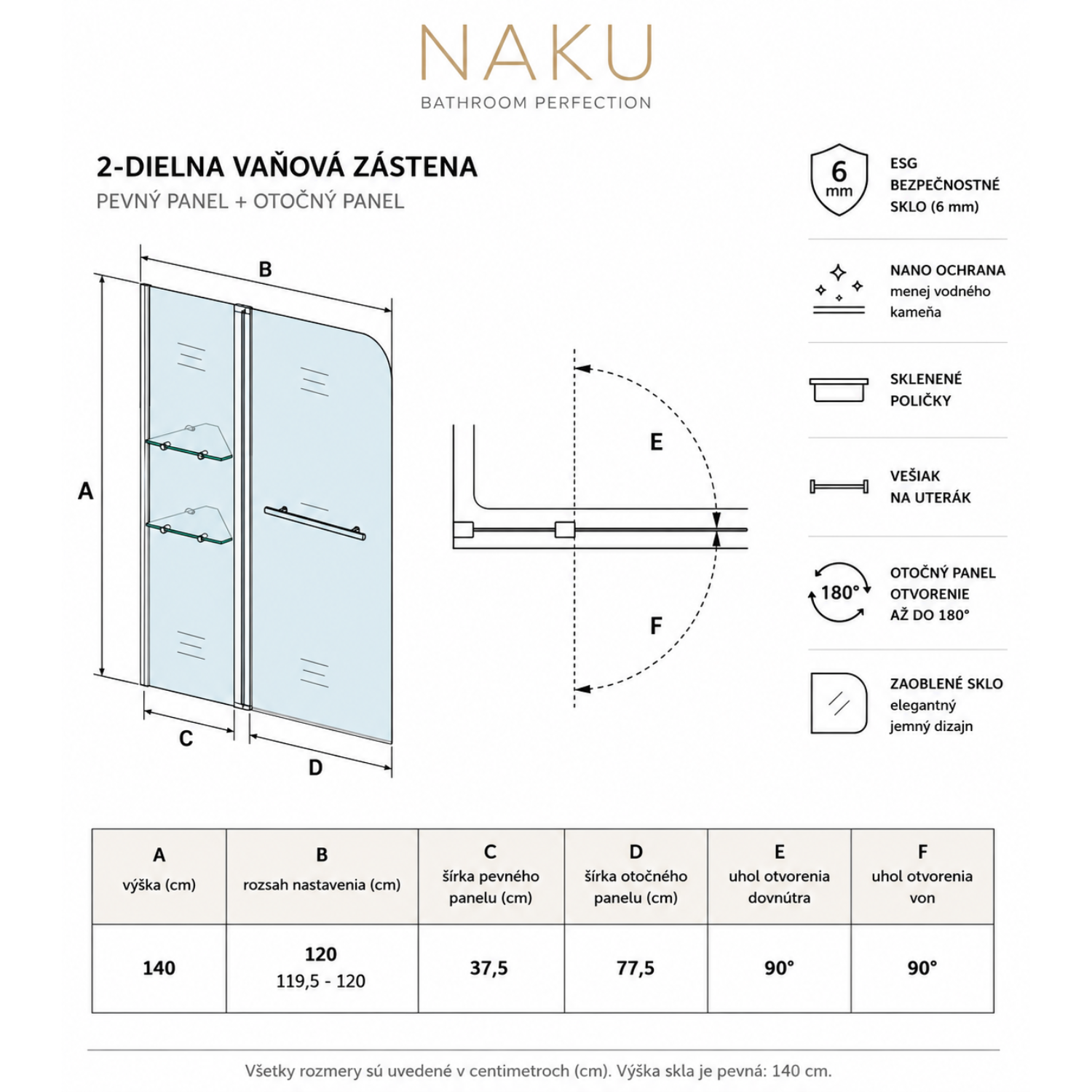 Technický nákres NAKU ARC 2-dielnej otočnej vaňovej zásteny 120x140 cm s poličkami, vešiakom a ESG sklom 6 mm