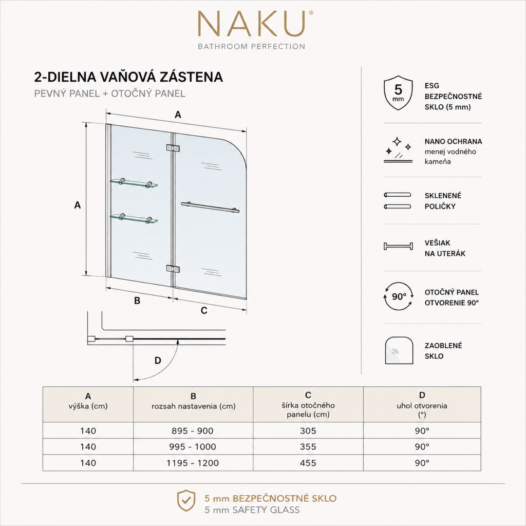 Technický nákres NAKU ARC Slim 2-dielna otočná vaňová zástena 90 100 120 cm