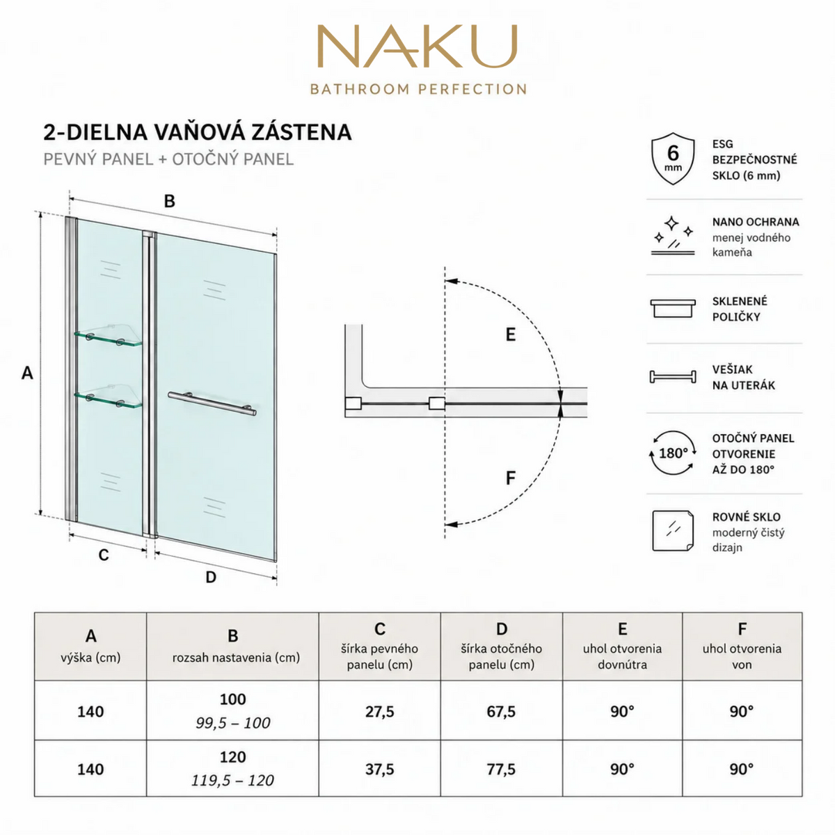 Technický nákres NAKU EDGE – 2-dielna otočná vaňová zástena 100 a 120 × 140 cm