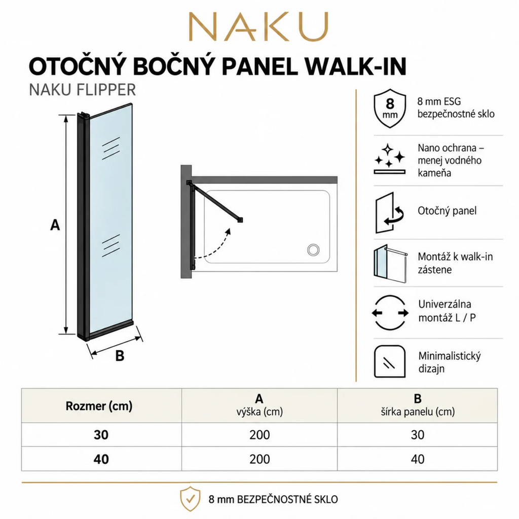 Technický nákres NAKU FLIPPER Black – otočný bočný panel Walk-In 8 mm, 30 a 40 × 200 cm