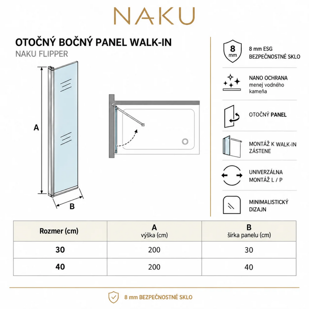 Technický nákres NAKU FLIPPER Chróm – otočný bočný panel Walk-In 8 mm, 30 a 40 × 200 cm