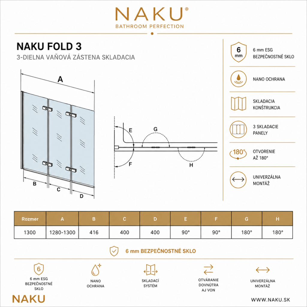 Technický nákres NAKU FOLD 3 – 3-dielna skladacia vaňová zástena 130 × 140 cm s rozmermi a schémou otvárania
