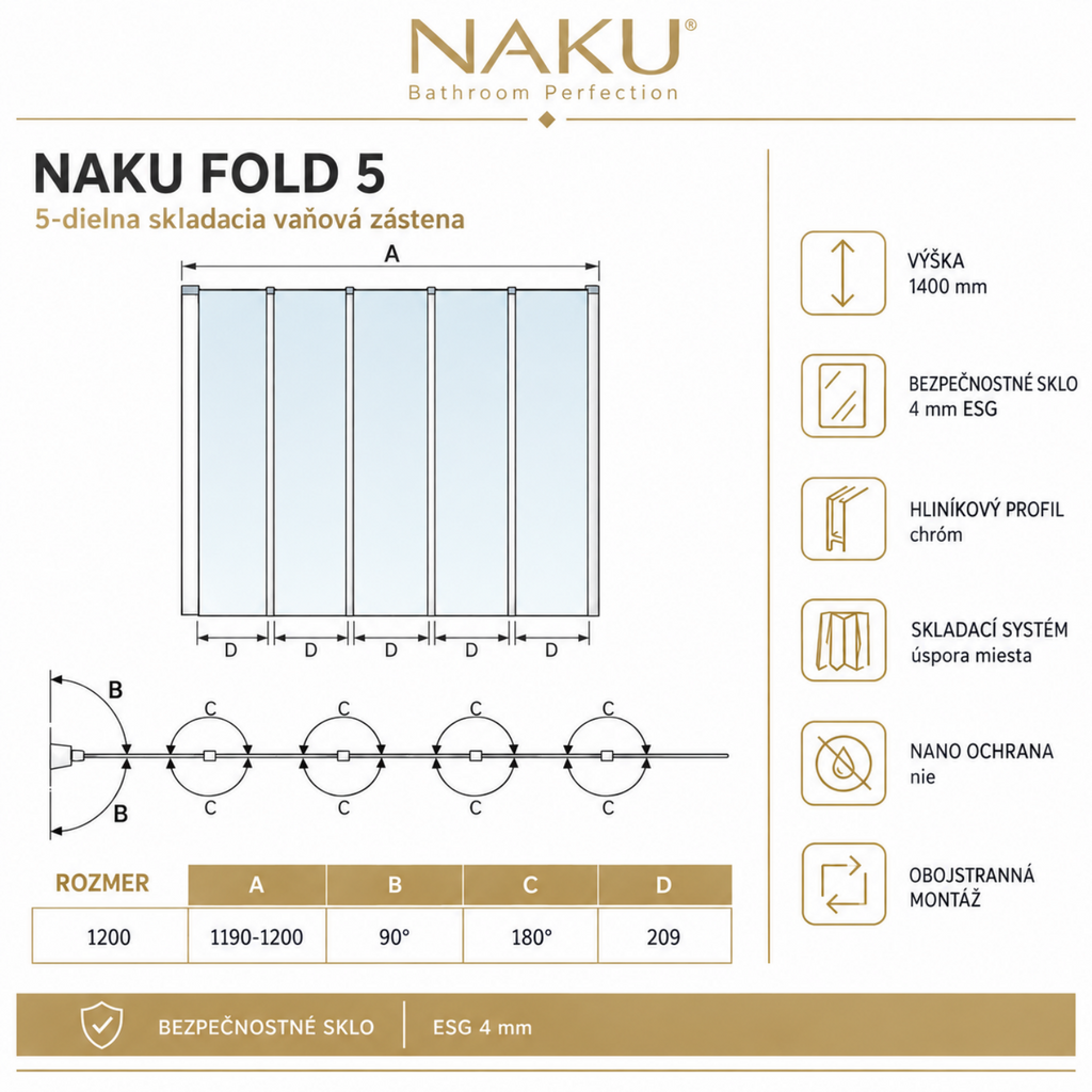 Technický nákres NAKU FOLD 5 Matte Chrome – 5-dielna skladacia vaňová zástena 120 × 140 cm