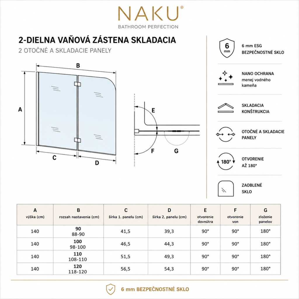 Technický nákres vaňovej zásteny NAKU Fold 6 mm chróm – rozmery a otváranie