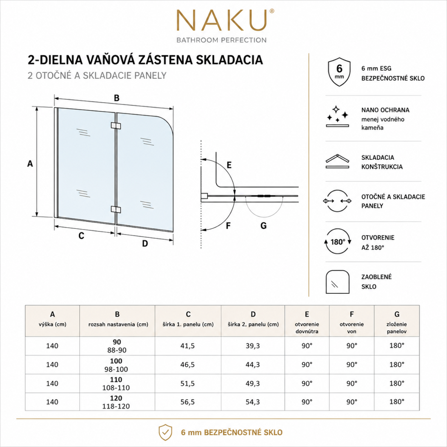 Technický nákres vaňovej zásteny NAKU Fold 6 mm chróm – rozmery a otváranie