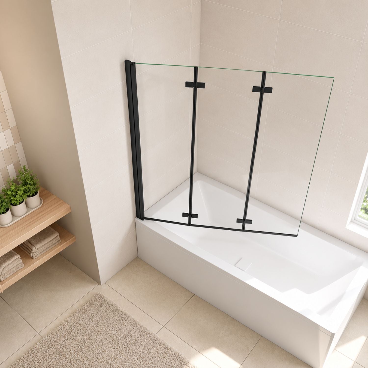 NAKU FOLD BLACK 3 – pohľad zhora na 3-dielnu skladaciu vaňovú zástenu