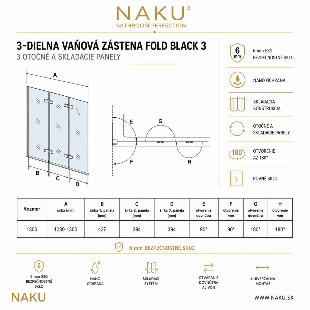 Technický nákres NAKU FOLD BLACK 3 – 3-dielna skladacia vaňová zástena 130 × 140 cm