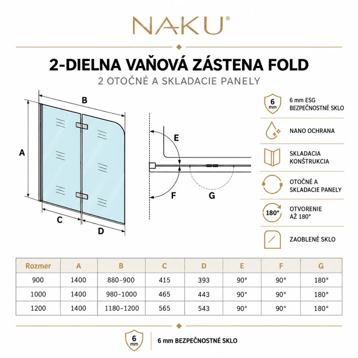 Technický nákres NAKU FOLD Black – 2-dielna skladacia vaňová zástena 90, 100 a 120 × 140 cm