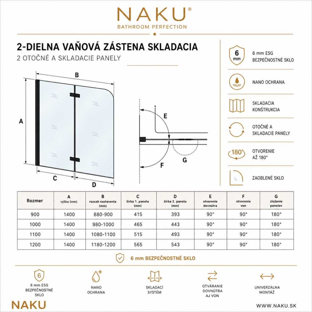 Technický nákres NAKU FOLD Black – 2-dielna skladacia vaňová zástena, rozmery a otváranie