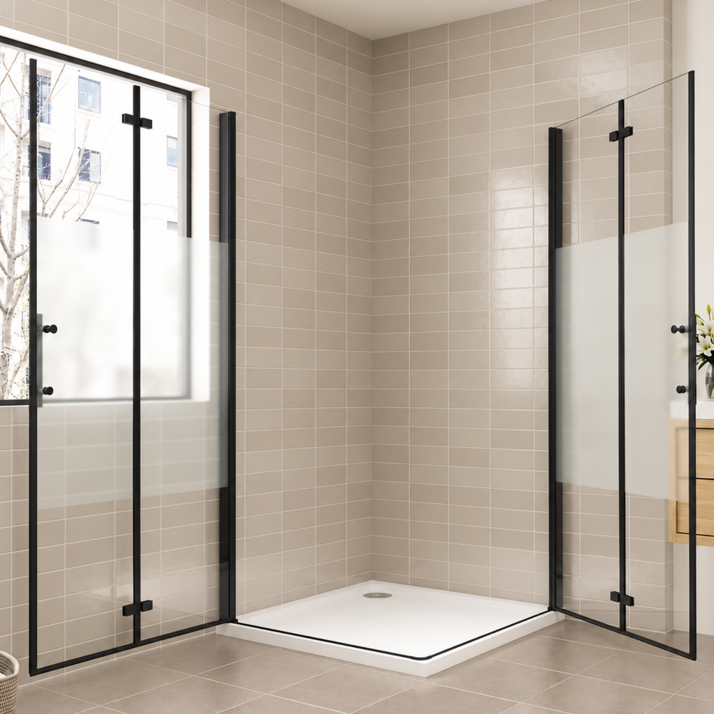 NAKU FOLD DUO Black Privacy – čierny sprchový kút s dvojicou otvorených skladacích dverí, výška 195 cm - privacy sklo