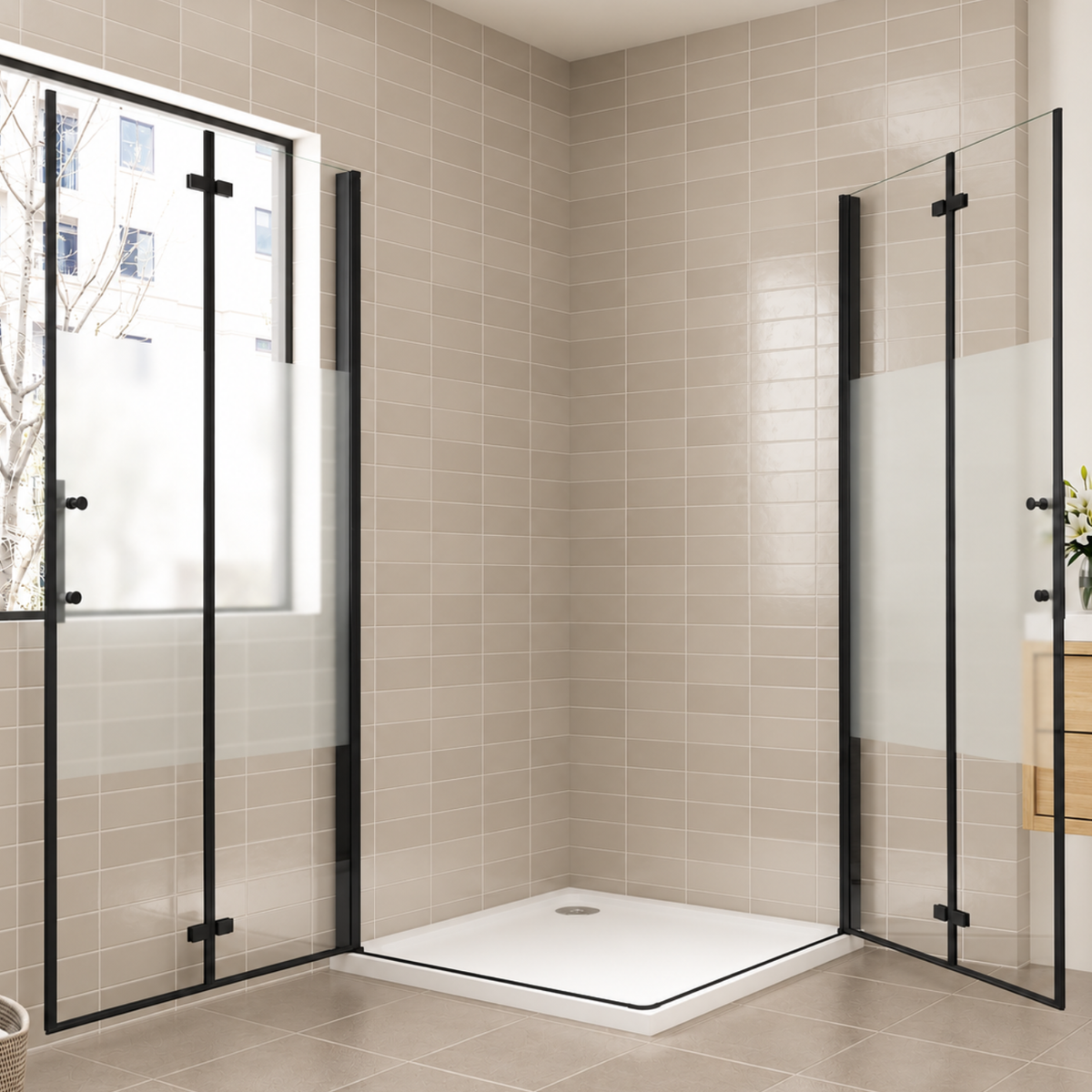 NAKU FOLD DUO Black Privacy – čierny sprchový kút s dvojicou otvorených skladacích dverí, výška 195 cm - privacy sklo