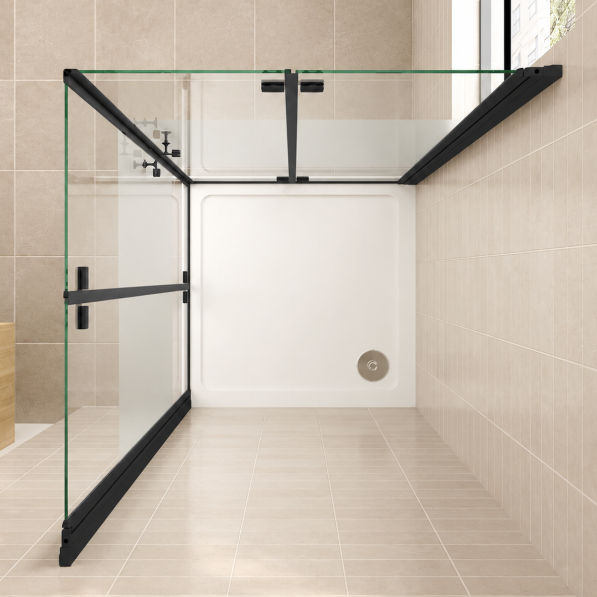 NAKU FOLD DUO Black Privacy – pôdorysný pohľad na čierny sprchový kút s dvojicou zatvorených skladacích dverí, výška 195 cm - privacy sklo