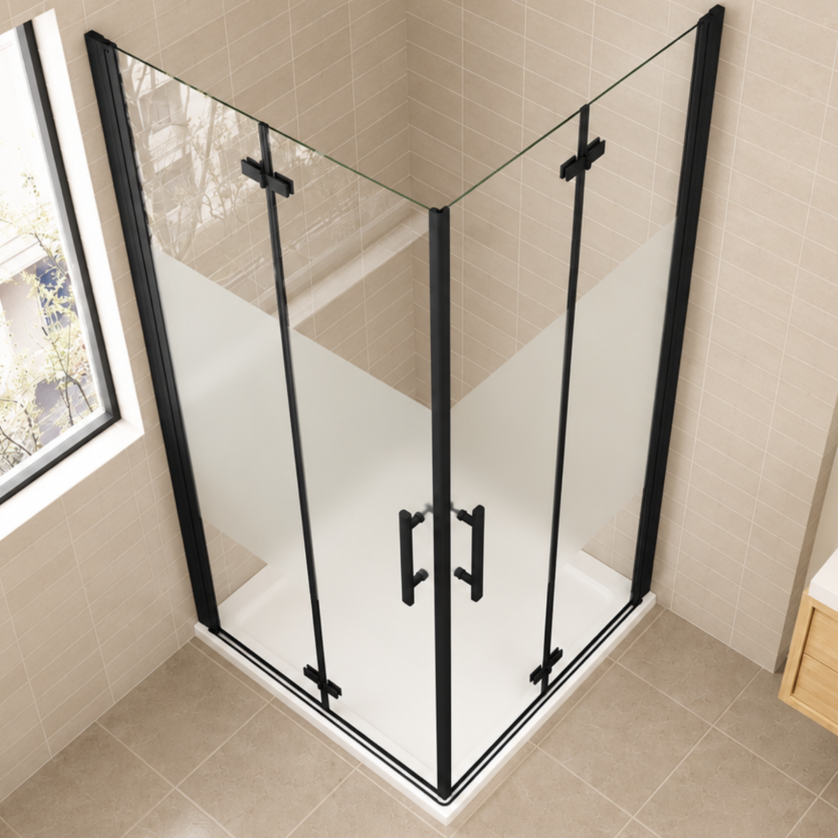 NAKU FOLD DUO Black Privacy – pohľad z hora na čierny sprchový kút s dvojicou zatvorených skladacích dverí, výška 195 cm - privacy sklo