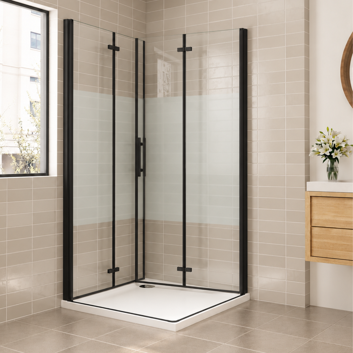 NAKU FOLD DUO Black Privacy – čierny sprchový kút s dvojicou sklopených dverí k stene, výška 195 cm - privacy sklo