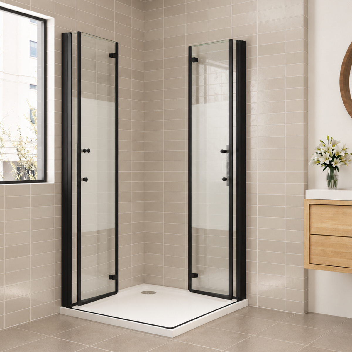 NAKU FOLD DUO Black Privacy – čierny sprchový kút s dvojicou sklopených skladacích dverí, výška 195 cm - privacy sklo