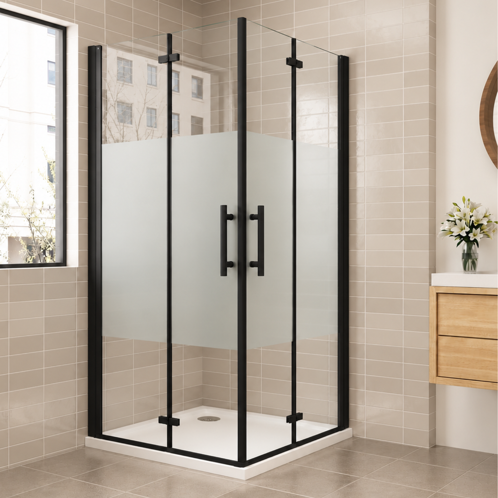 NAKU FOLD DUO Black Privacy – čierny sprchový kút s dvojicou zatvorených skladacích dverí, výška 195 cm - privacy sklo