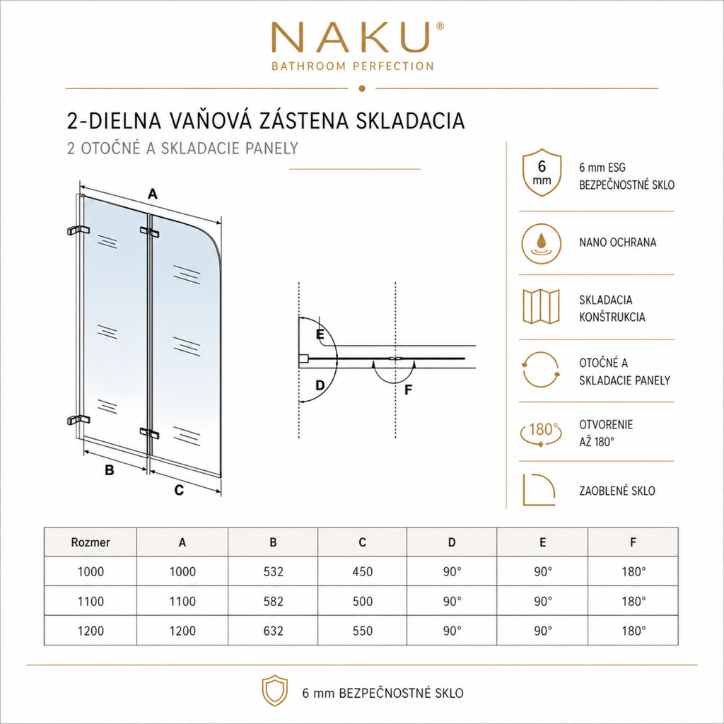 Technický nákres NAKU FOLD Free 2-dielna skladacia vaňová zástena 6 mm ESG sklo