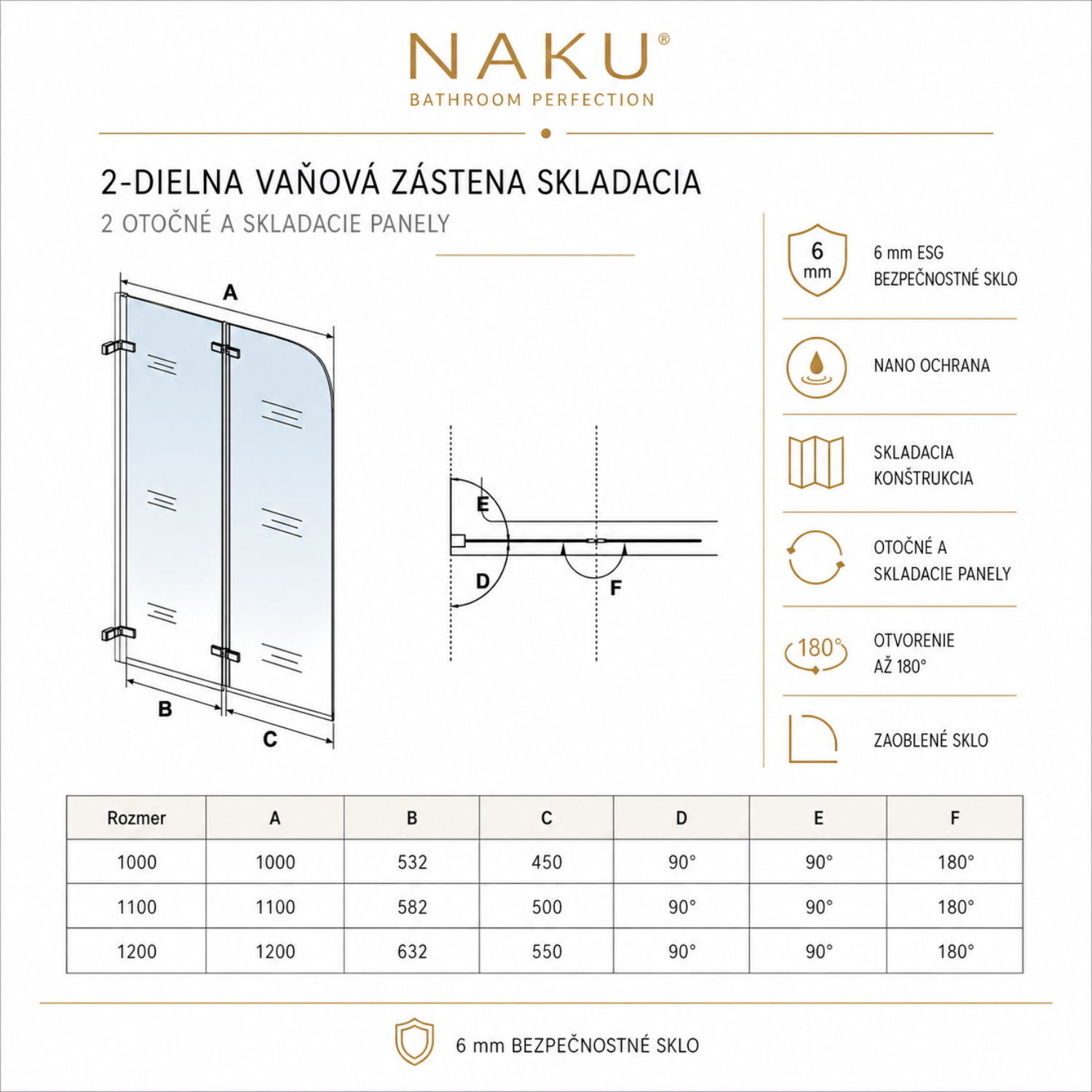 Technický nákres NAKU FOLD Free 2-dielna skladacia vaňová zástena 6 mm ESG sklo