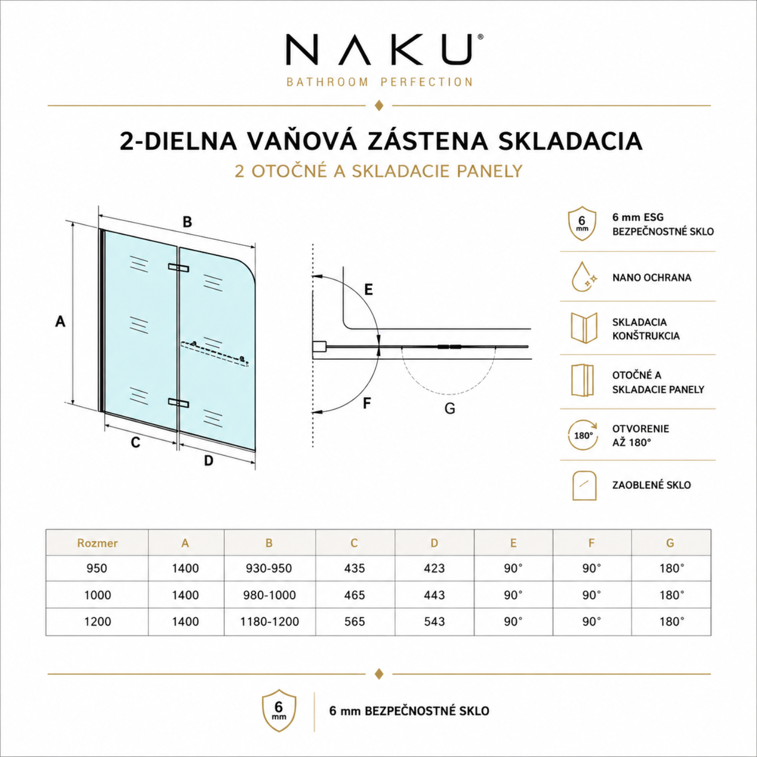 Technický nákres NAKU FOLD Plus 2-dielna skladacia vaňová zástena 95 100 120 cm
