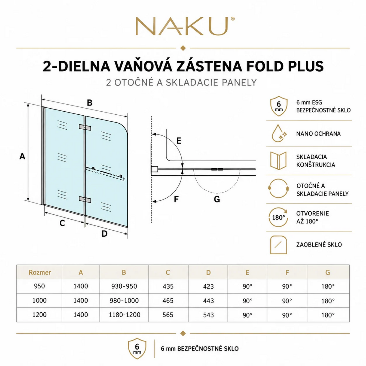Technický nákres NAKU FOLD Plus – 2-dielna skladacia vaňová zástena 95, 100 a 120 × 140 cm