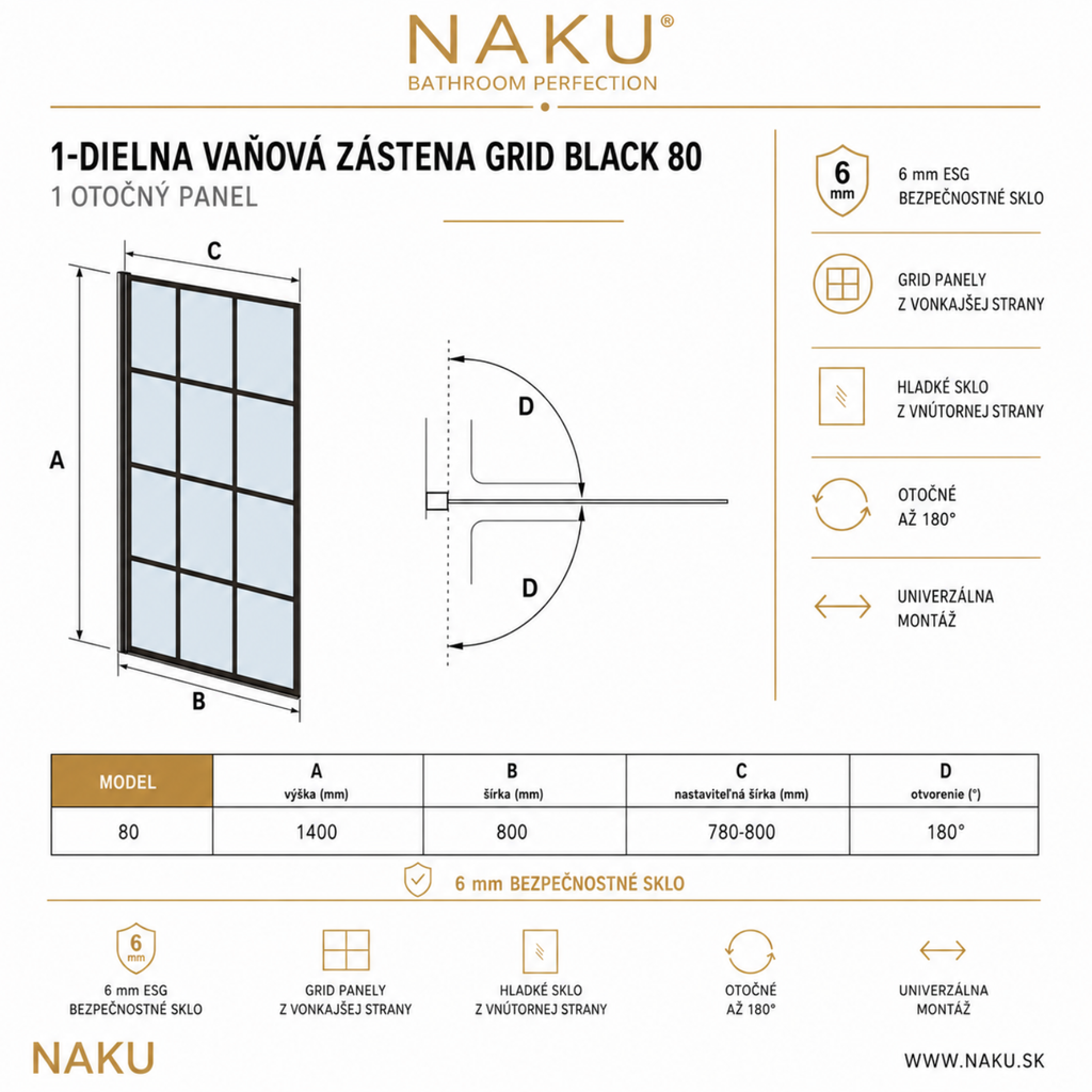 Technický nákres NAKU GRID Black 80 × 140 cm – 1-dielna otočná vaňová zástena, rozmery a otváranie
