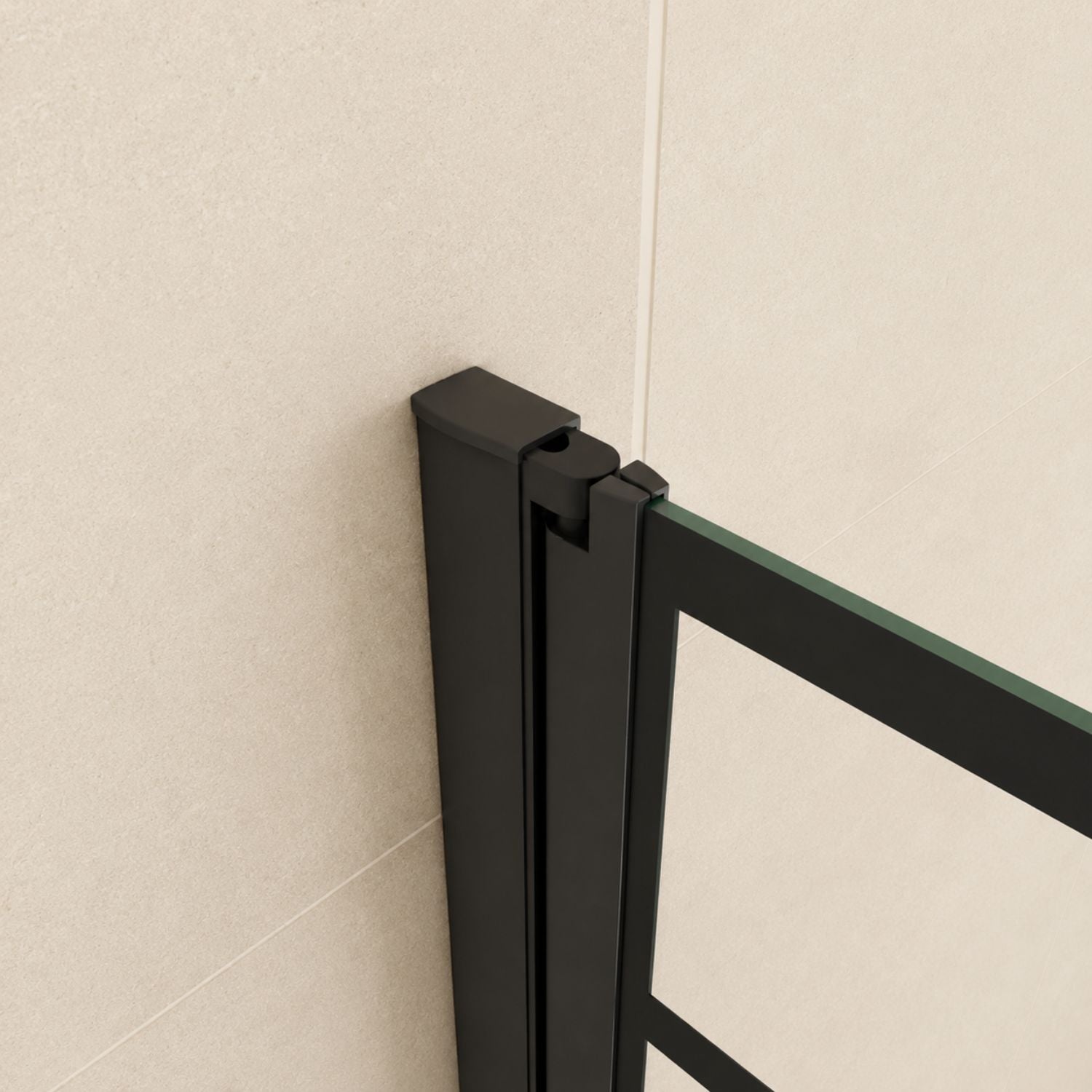 Detail čierneho hliníkového stenového profilu NAKU GRID Black 1-dielnej otočnej vaňovej zásteny